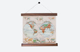 Antique Physical Map of the Globe pull down revival, two hemispheres, muted colors, walnut rods, 40 inches wide.