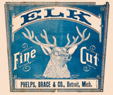 Blue and cream antique-style Elk Fine Cut cigar ad on wood, 48x40.