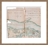 Framed 18th century New Jersey map print showing aged fragments and an oak frame.