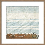 Original photograph of textured indigo and white striped fabric over wood, oak frame.
