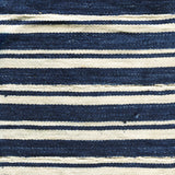 Macro focus on textured indigo and cream horizontal textile stripes.
