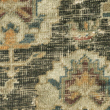 Photograph of antique rug pile texture with muted beige, charcoal, and warm accent colors.