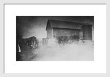 Antique experimental grainy black and white photograph of cows near a barn, white frame.