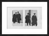 Framed antique black and white photograph, two panels showing men in snow.