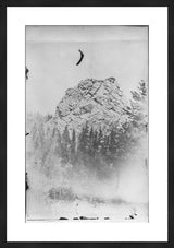 Monochrome experimental photograph of Big Rock featuring a distinct curved sky mark.