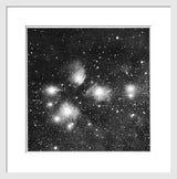 Antique Pleiades nebula revival print, framed in dark wood, black and white, 38x38.