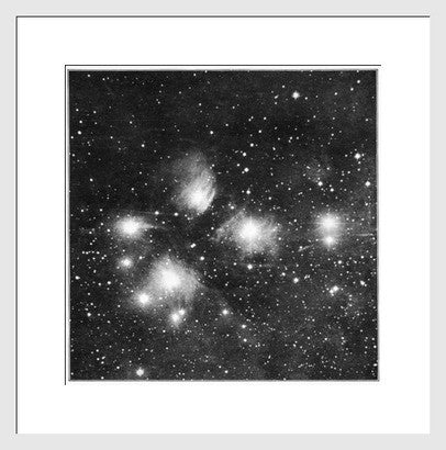 Antique Pleiades nebula revival print, framed in dark wood, black and white, 38x38.