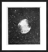 Framed monochrome giclée art of the Dumb-bell Nebula in black.