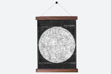 Antique-style black and white moon chart pull down, detailed lunar map, walnut rods.