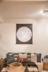 Full view of black and white moon chart with intricate lunar surface details and wooden rods.