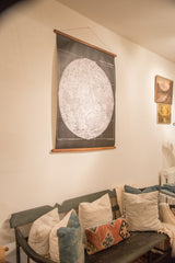 Large black and white Antique Moon Chart Pull Down with walnut wood rods.