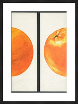 Black framed Giclée print of two vintage orange halves separated by black line.