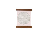 Vintage-style pull-down moon chart on pink canvas with dark walnut wood display rods.
