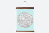 Mint antique moon chart pull down, intricate grayscale moon, walnut wood rods, large size.