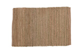 Hand-woven jute rug with natural brown and olive green vertical stripes, 2' x 3' mat.