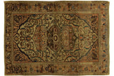 Antique Persian Malayer rug, ivory gold field, central medallion, rose, teal, brown floral motifs.
