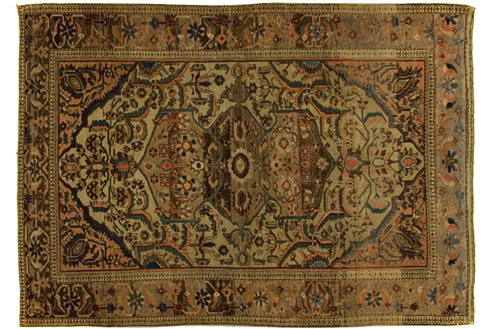 Antique Persian Malayer rug, ivory gold field, central medallion, rose, teal, brown floral motifs.
