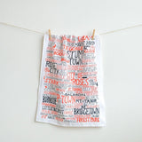 Portland, OR - PDX Graphic Tea Towel with white, red, and black screen-printed text, 20x28.