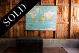 SOLD: Vintage 1930s Vito Graphic pull-down world map, aged blue and yellow canvas.