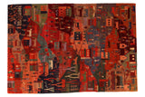 Hand knotted Tibetan Folk Art carpet depicts village life, in madder red and indigo blue, 6' x 8'9