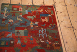 Pictorial Tibetan Folk Art rug with figures, animals, and colorful village scenes.