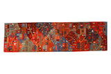 New Tibetan folk art runner with pictorial village scene in rich indigo and madder colors.