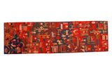 Tibetan folk art runner, pictorial herding and farming scenes, madder red and indigo.