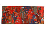 Hand-knotted Tibetan folk art runner, vivid pictorial scene in madder red and indigo.