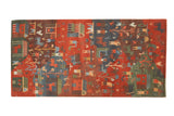 New Tibetan Folk Art rug runner, madder red, indigo blue, moss green, stylized pictorial motifs, 2'6