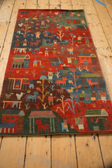 Hand-knotted Tibetan Folk Art runner, vivid village motifs in madder red and indigo blue.