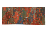 Hand-knotted Tibetan Folk Art runner, abstract design in madder red, indigo, olive green, brown.