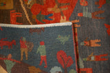 Hand-knotted Tibetan Folk Art rug's plush pile and flat cotton foundation with figure motifs.