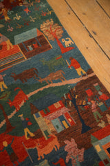 Hand-knotted Tibetan Folk Art rug, pictorial animals, houses, people, plush carved pile, natural dyes.