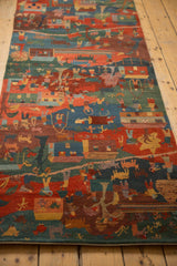 Plush Tibetan folk art rug pile with vibrant madder red, indigo blue, and teal motifs.
