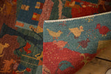 Tibetan Folk Art rug runner with plush, carved wool pile and folk animal motifs on the curled back.