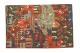 Plush hand knotted Tibetan Folk Art rug, pictorial scene in indigo and madder red.