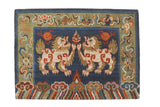 Tibetan Fu Dog Chair Back mat with indigo blue field, ivory Fu dogs, and sage green border, 2' x 2'10
