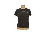 Men's charcoal fine crew t-shirt featuring white Rug Addict text and contrast stitching.