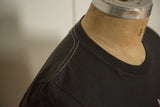 Close-up of the white contrast stitching on the shoulder of a charcoal crew t-shirt.