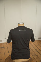 Back of the charcoal crew t-shirt with white contrast stitching and printed website address.