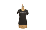 Charcoal scoop neck t-shirt with white 'Rug Addict' block lettering and contrast stitching.