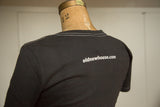 Back of charcoal t-shirt with white contrast stitching and printed oldnewhouse.com URL.