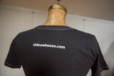 Back of the charcoal scoop neck t-shirt showing the white contrast stitch and website text.