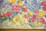 Hand-painted pink and yellow tulips with blue irises in 3D flower art, encased in acrylic.