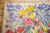 Layered vintage 3D flower art showcasing hand-painted purple irises, yellow peonies, and red blooms.