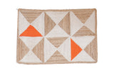 Rosie handwoven jute and cotton rug, modern geometric white and orange triangles, 2'x3'.