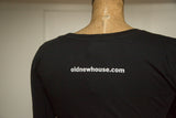 White oldnewhouse.com website print on the back of a black long sleeve t-shirt.
