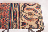 Close-up of the antique Khorassan Doroksh rug fragment, showing teal field with red motifs and beige panel.