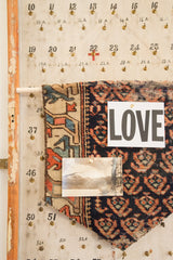 RUGLING 03 antique Northwest Persian rug fragment, dark blue and orange geometric patterns with notes.
