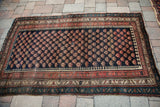 Unique pawn-like laleh abassi border and geometric outer band on a vintage Kurdish Bijar rug.